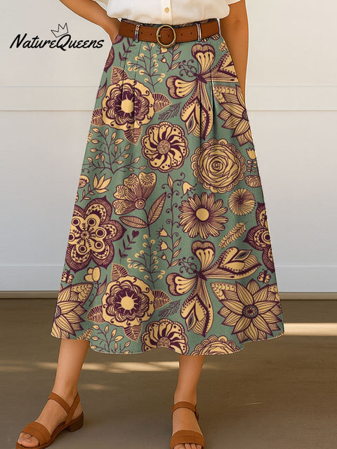 Women's Retro Floral Flowers Print High Waist Casual A-Line Skirt