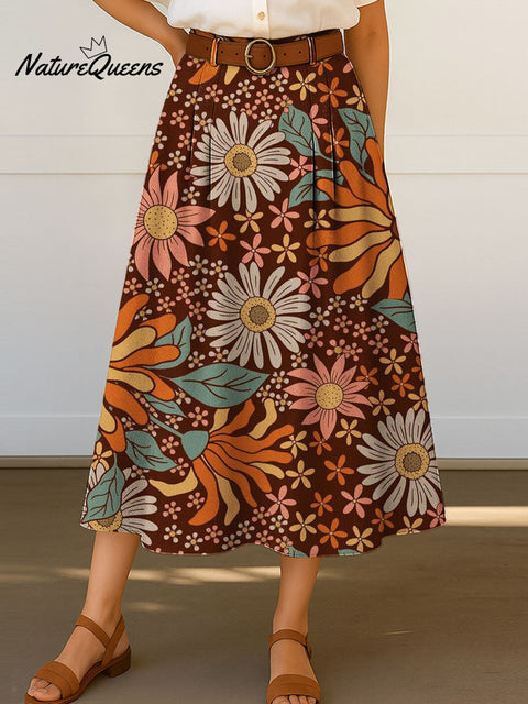 Women's Retro Floral Flowers Print High Waist Casual A-Line Skirt