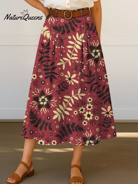 Women's Retro Floral Flowers Print High Waist Casual A-Line Skirt