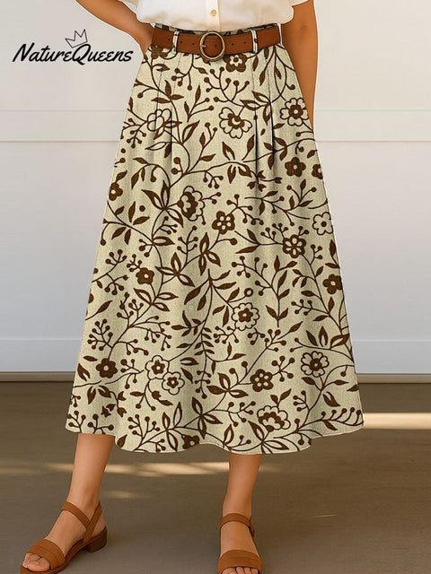 Women's Retro Floral Flowers Print High Waist Casual A-Line Skirt