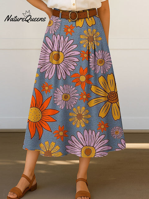 Women's Retro Floral Flowers Print High Waist Casual A-Line Skirt