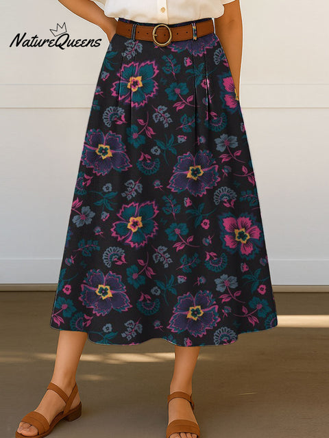 Women's Retro Floral Flowers Print High Waist Casual A-Line Skirt