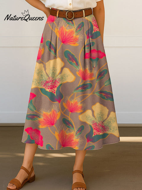 Women's Retro Floral Flowers Print High Waist Casual A-Line Skirt