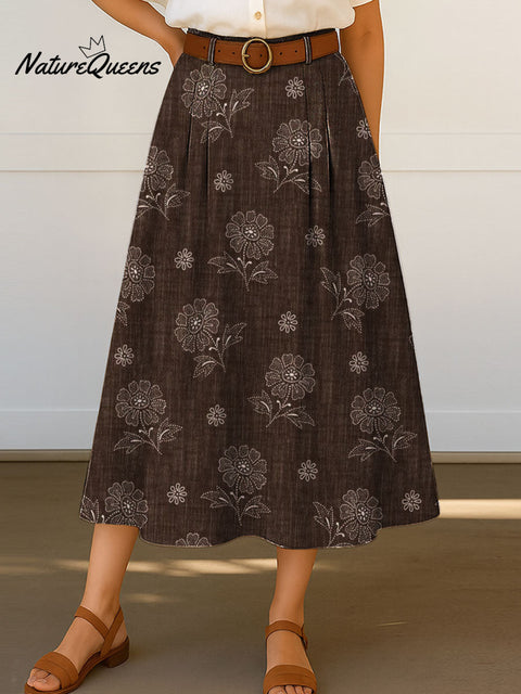 Women's Retro Floral Flowers Print High Waist Casual A-Line Skirt