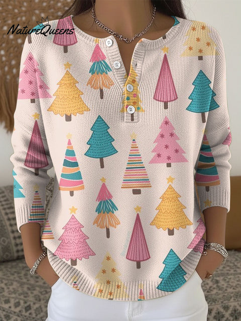 Women's Christmas Trees Pattern Art Print Buttoned Cardigan Sweater
