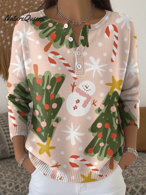 Women's Christmas Snowman Pattern Art Print Buttoned Cardigan Sweater