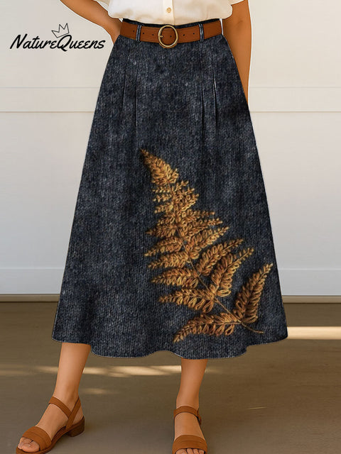 Women's Retro Leaf Print High Waist Casual A-Line Skirt