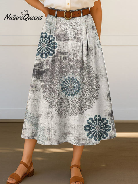 Women's Retro Pattern Print High Waist Casual A-Line Skirt