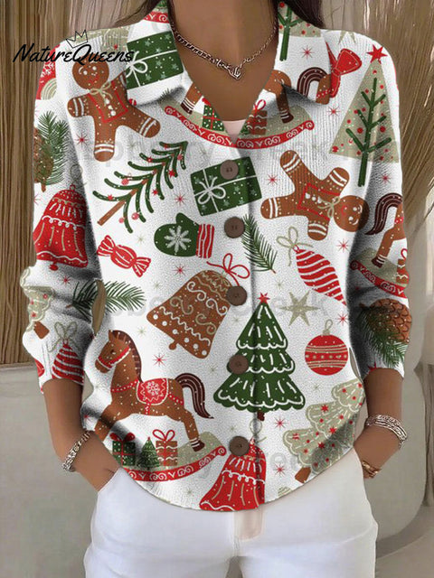 Women's Christmas Tree Gingerbread Candy Pattern Print Cowl Neck Sweater