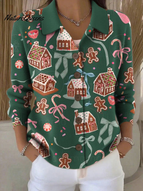 Women's Christmas Tree Gingerbread Candy Pattern Print Cowl Neck Sweater