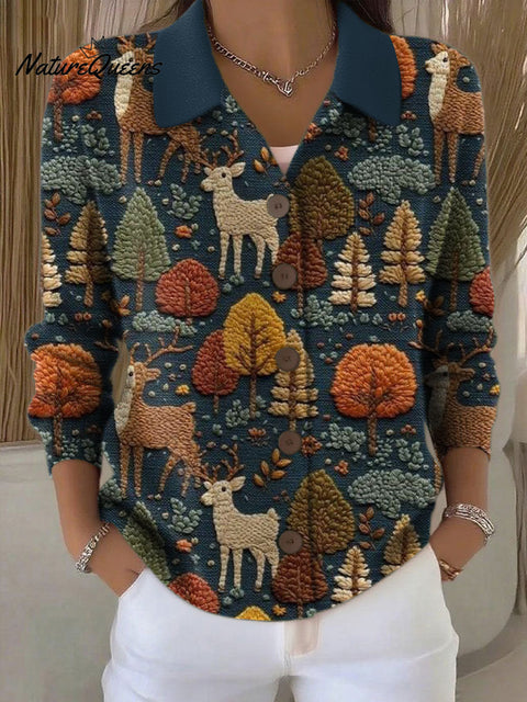 Women's Autumn Animals Pattern Print Cowl Neck Sweater