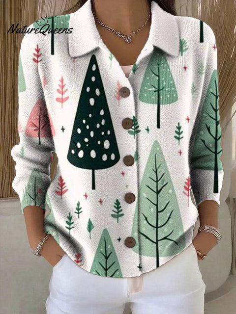 Women's Christmas Tree Pattern Print Cowl Neck Sweater