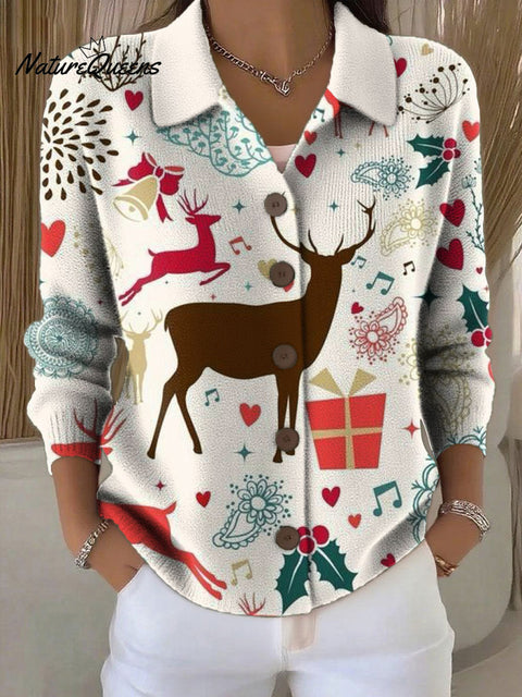 Women's Christmas Tree Elk Pattern Print Cowl Neck Sweater