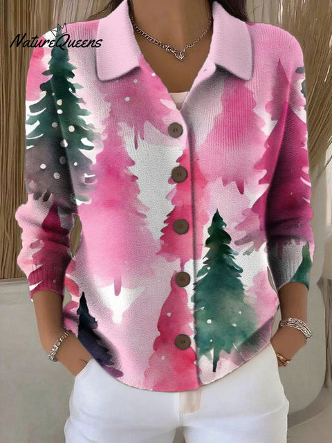 Women's Pink Christmas Tree Pattern Print Cowl Neck Sweater