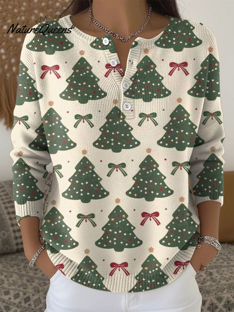 Women's Christmas Trees Pattern Art Print Buttoned Cardigan Sweater