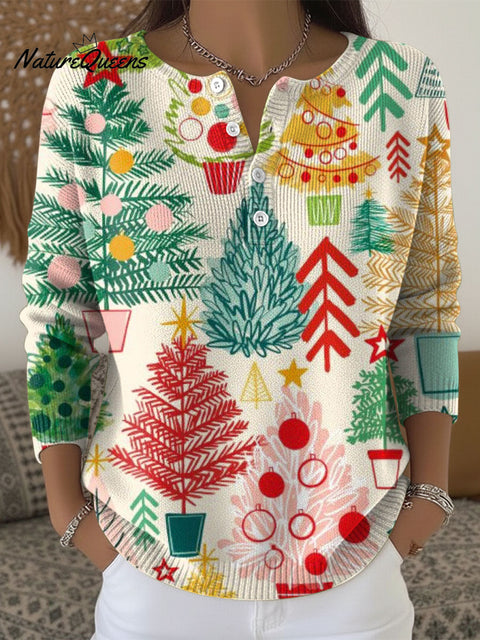 Women's Christmas Trees Pattern Art Print Buttoned Cardigan Sweater