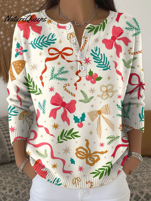 Women's Christmas Bow Tie Pattern Art Print Buttoned Cardigan Sweater