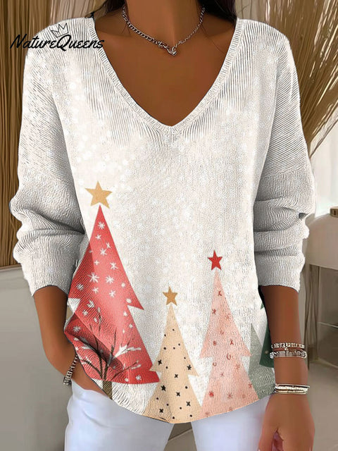 Women's Christmas Tree Pattern Print Casual Pullover Sweater