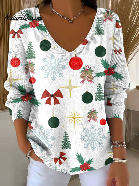 Women's Christmas Snowman Tree Pattern Print Casual Pullover Sweater