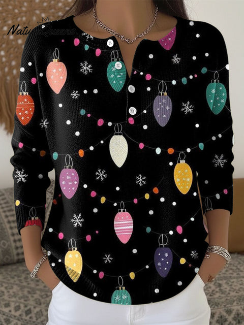 Women's Christmas Lanterns Pattern Art Print Buttoned Cardigan Sweater