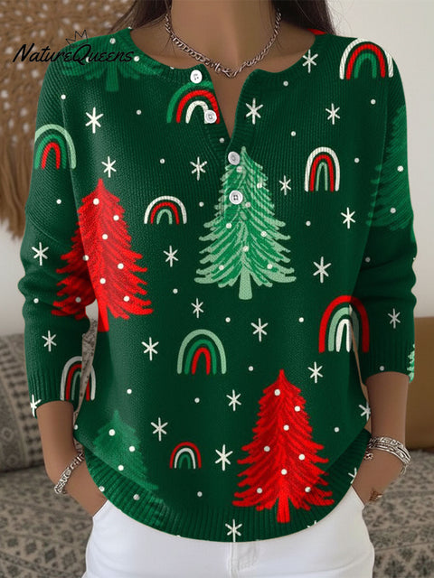 Women's Christmas Trees Pattern Art Print Buttoned Cardigan Sweater
