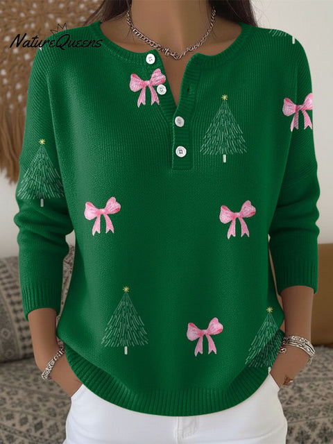 Women's Christmas Bow Tie Trees Pattern Art Print Buttoned Cardigan Sweater
