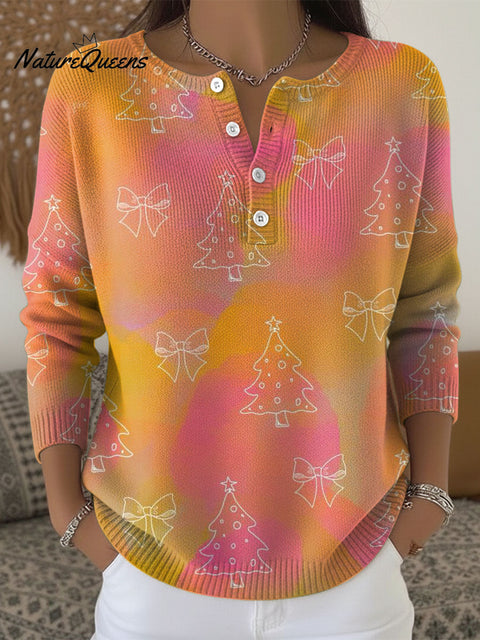 Women's Christmas Gradient Trees Pattern Art Print Buttoned Cardigan Sweater