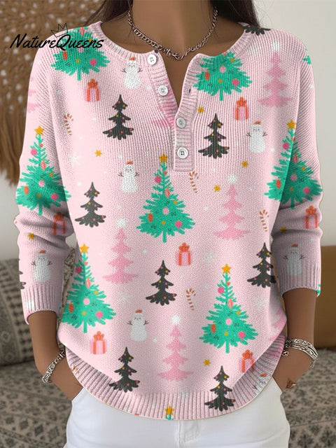 Women's Christmas Trees Pattern Art Print Buttoned Cardigan Sweater