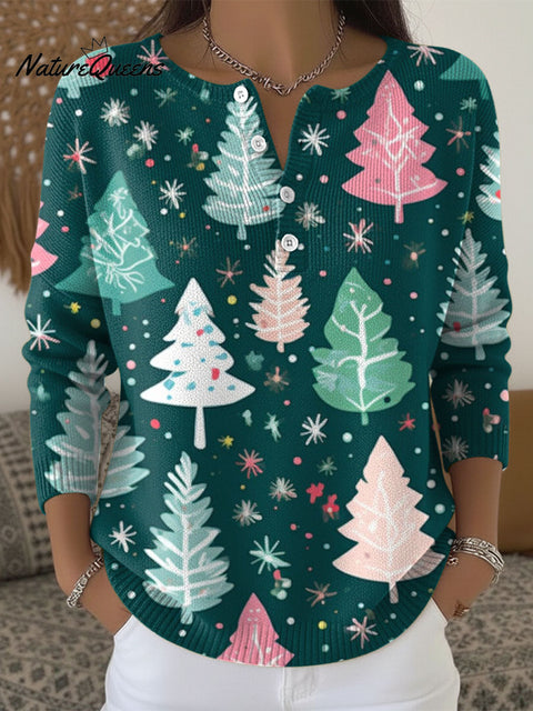 Women's Christmas Trees Pattern Art Print Buttoned Cardigan Sweater