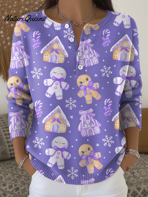 Women's Christmas Snowman Home Gingerbread Man Pattern Art Print Buttoned Cardigan Sweater