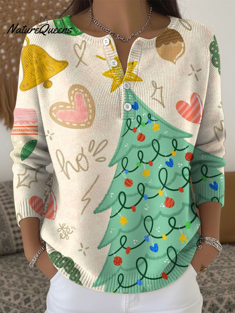 Women's Christmas Tree Pattern Art Print Buttoned Cardigan Sweater