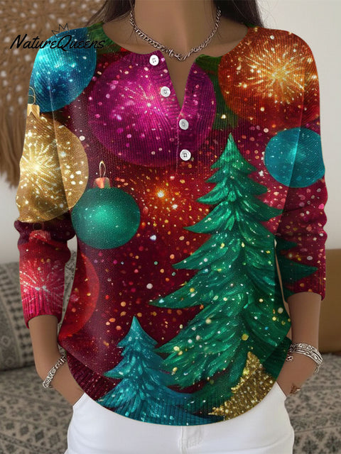Women's Christmas Balls Trees Pattern Art Print Buttoned Cardigan Sweater