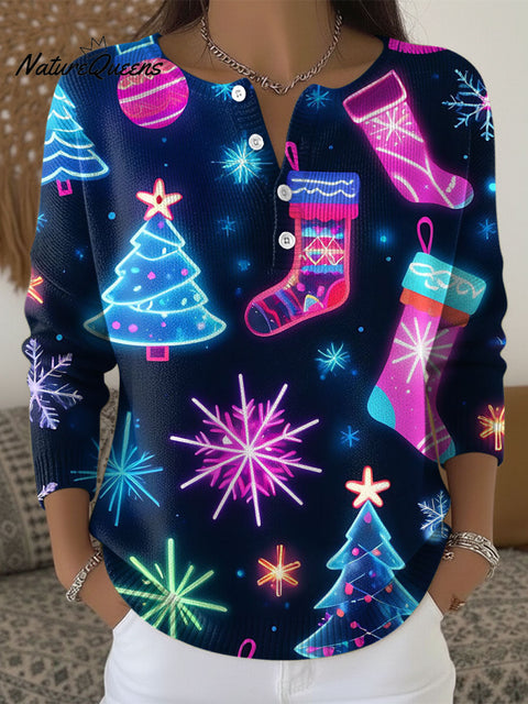 Women's Christmas Pattern Art Print Buttoned Cardigan Sweater
