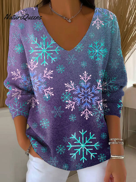 Women's Christmas Snowflake Pattern Print Casual Pullover Sweater