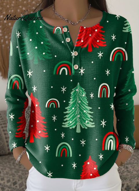 Women's Christmas Tree Pattern Art Print Casual Cotton Shirt