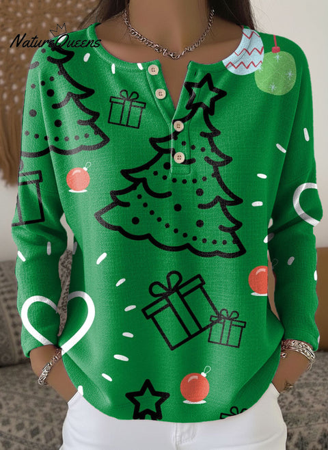 Women's Christmas Tree Pattern Art Print Casual Cotton Shirt