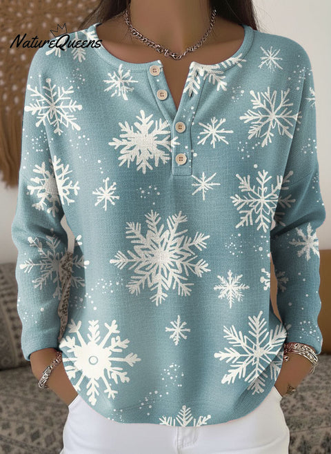Women's Christmas Snowflake Pattern Art Print Casual Cotton Shirt