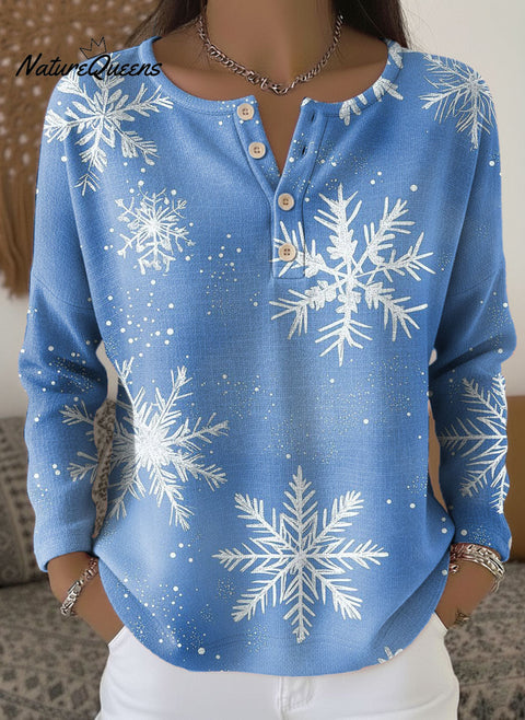 Women's Christmas Snowflake Pattern Art Print Casual Cotton Shirt