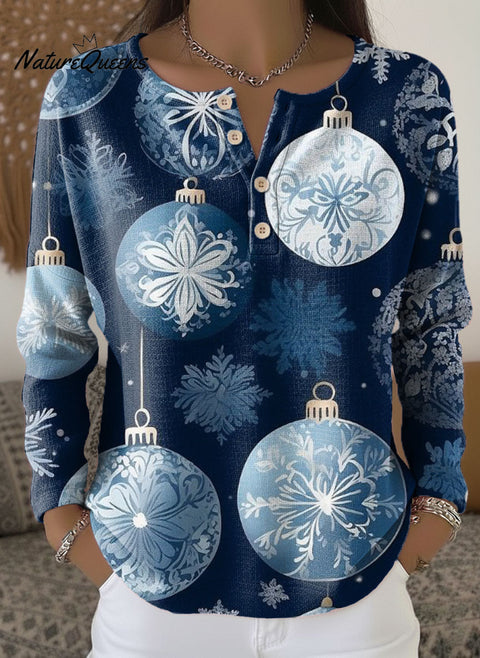 Women's Christmas Snowflake Lantern Pattern Art Print Casual Cotton Shirt
