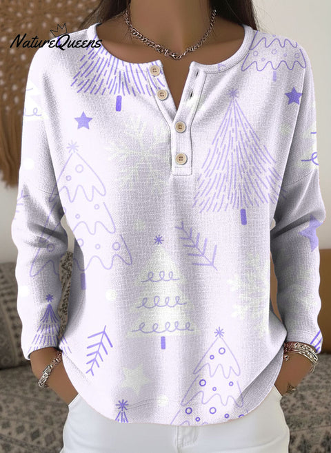 Women's Christmas Purple Tree Pattern Art Print Casual Cotton Shirt