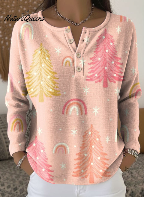Women's Christmas Tree Pattern Art Print Casual Cotton Shirt