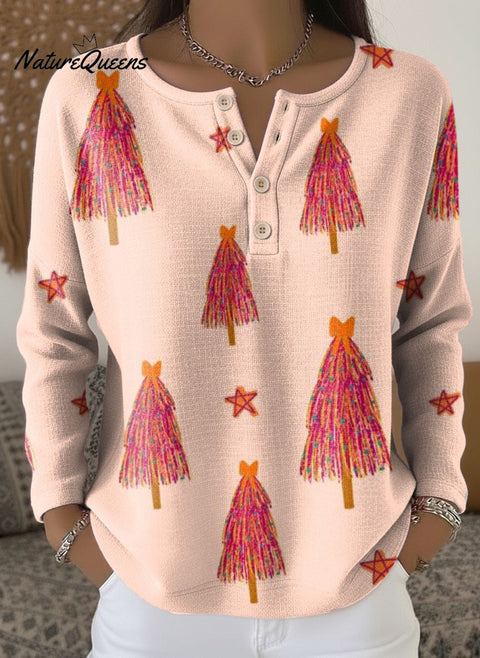 Women's Christmas Stars Tree Pattern Art Print Casual Cotton Shirt