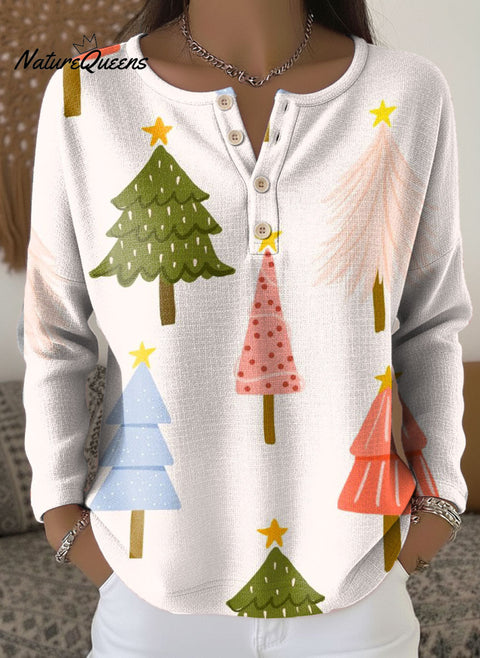 Women's Christmas Colorful Tree Pattern Art Print Casual Cotton Shirt