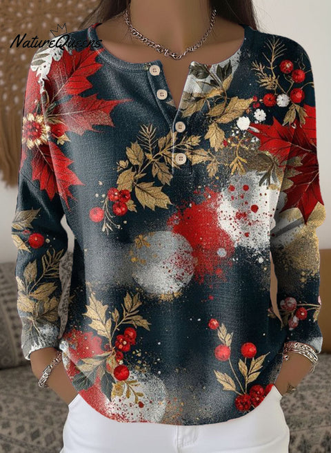 Women's Christmas Pattern Art Print Casual Cotton Shirt