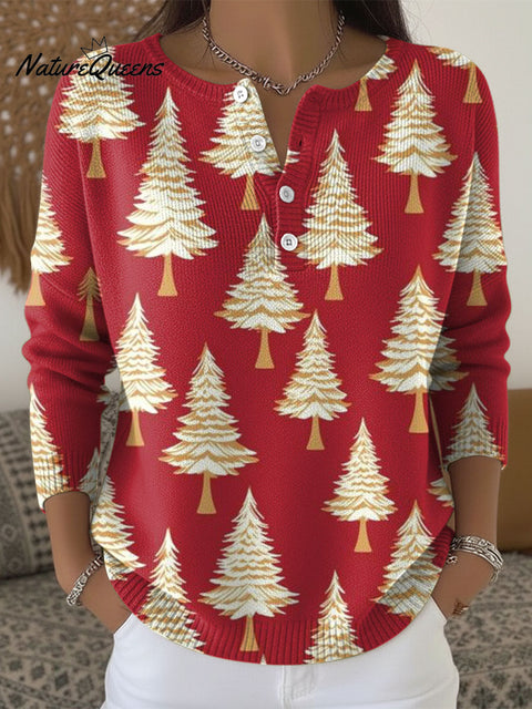 Women's Christmas Tree Pattern Art Print Buttoned Cardigan Sweater