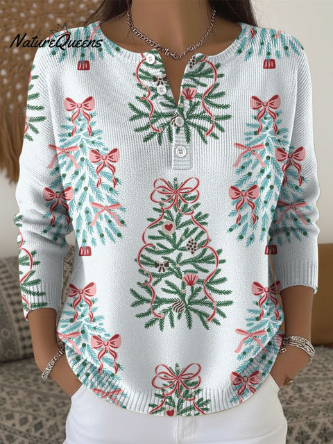 Women's Christmas Tree Pattern Art Print Buttoned Cardigan Sweater