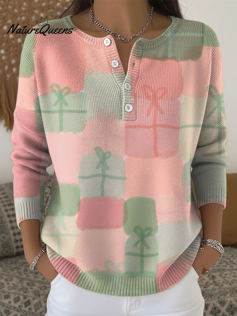Women's Christmas Gift Pattern Art Print Buttoned Cardigan Sweater