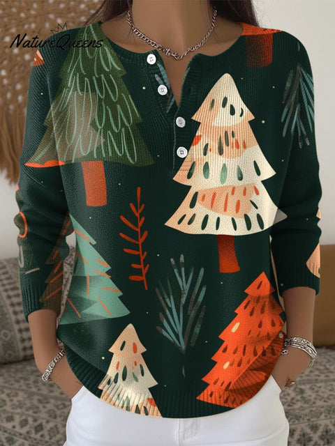 Women's Christmas Tree Pattern Art Print Buttoned Cardigan Sweater