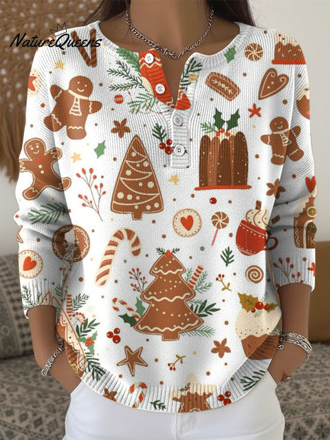 Women's Christmas Tree Gingerbread Man Candy Pattern Art Print Buttoned Cardigan Sweater