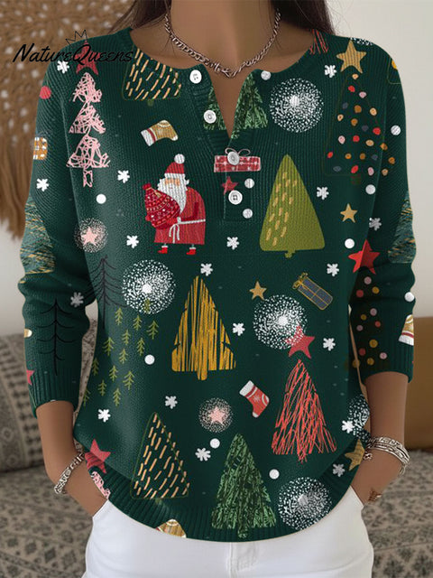 Women's Christmas Tree Pattern Art Print Buttoned Cardigan Sweater